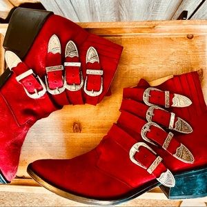 TOGA PULLA Red Suede Western Goth Buckle Ankle Boots 10